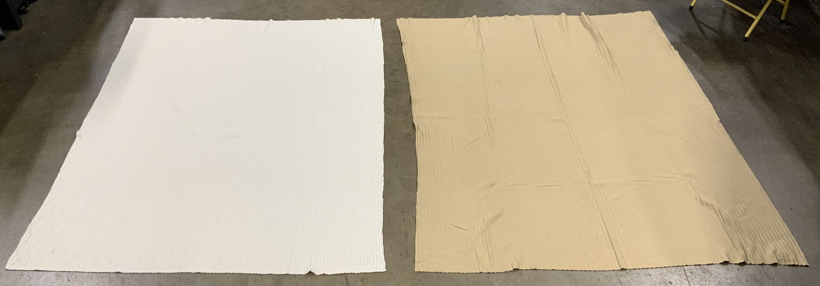 A SOFT IDEA Cotton & Polyester Shawls: Lot includes 1 tan toned polyester shawl (tag reads ASI) & 1 cream toned cotton shawl (Tag reads A SOFT IDEA MADE IN USA). Shawls measure approximately 59 inches long 52 inches wide. Shawls, cotton sh