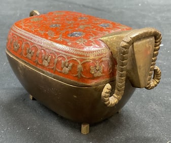 Handmade Brass Ram Enameled Lidded Box, India
