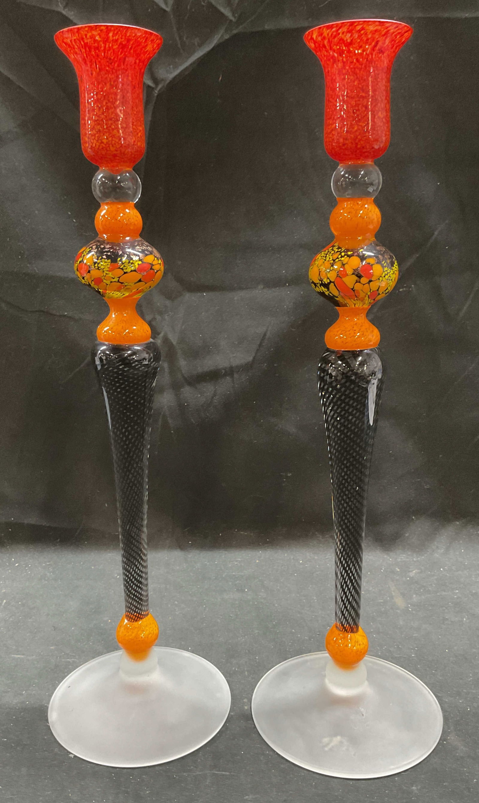 Pr Art Glass Frosted Mottled Lattice Candlesticks (1 of 7)