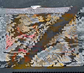 1920s Floral Tapestry Metal Frame Handbag: Vintage c. 1920s-30s floral tapestry handbag. Decorative repousse metal frame and clasp. Pastoral Dutch style scene. Interior lined with 2 pockets. Measures approx 8.5 x 9.5 inches. Wear including pul