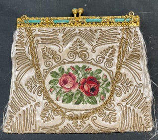 Vintage White Silk Floral Needlepoint Handbag