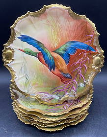 Set 7 Antq Coronet Limoges Porcelain Bird Plates: Set of 7 pieces antique Coronet Limoges porcelain plates. Artist signed on the front of all pieces, partially legible, A. B. Backstamps on undersides. Made in France. Flying game bird motifs, all uniq
