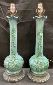 Pair Vintage Blue Floral Relief Table Lamps