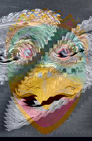 Asian Hand Painted Wood Garuda Mask: Asian carved wood Garuda bird figural mask. Hand painted with ornate decorative detail. Measures approx 8 x 7 x 5 inches. Some wear consistent with exposure. Asian mask, Garuda mask, bird mask, figura