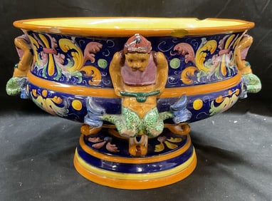 Vtg Sgn Italian Majolica Figural Pedestal Bowl