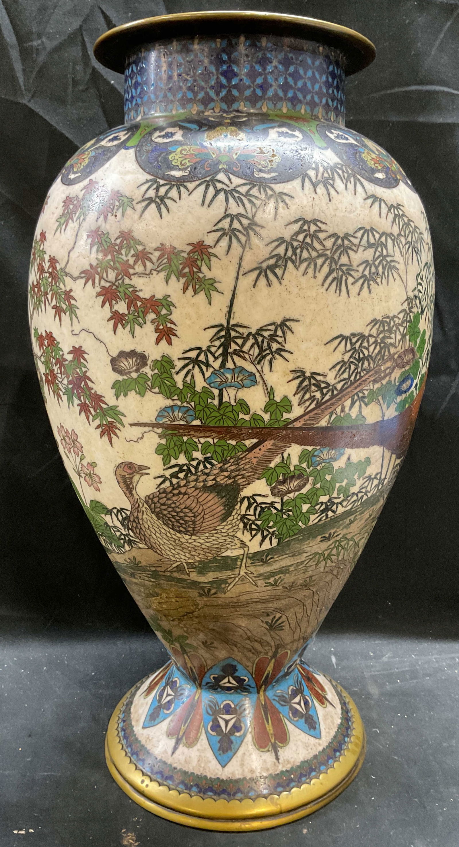 Antique Asian Cloisonne Bird Vase 18 In T: Antique Asian cloisonne vase. Enamel over brass, hand painted. Landscape with birds and foliage. Ornate decorative borders in red, green, and blue. Piece is heavy. Measures approx 8.5 x 18 inches. Som