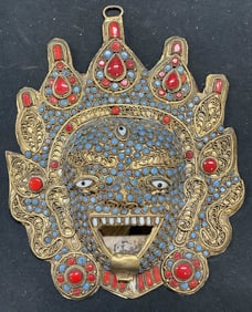 Vintage Asian Mahakala Brass Coral Mask