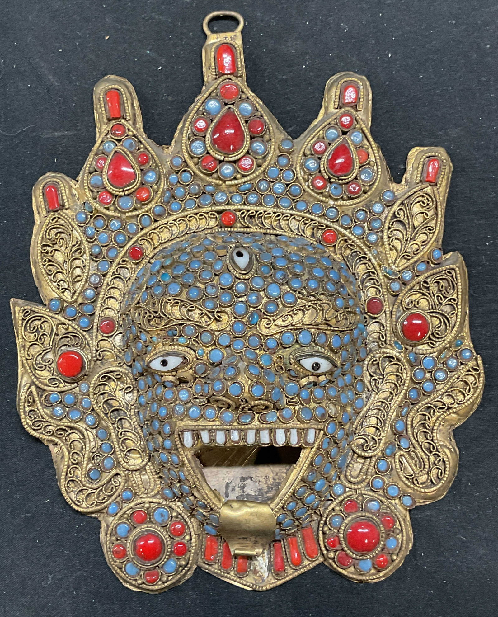 Vintage Asian Mahakala Brass Coral Mask (1 of 6)