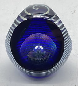 Sgn Correia Blue Art Glass Bubble Paperweight
