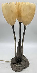 A. Cheuret Art Deco Bronze Alabaster Tulip Lamp (1 of 9)