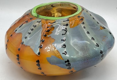 Hand Blown Art Glass Blue Orange Confetti Vase