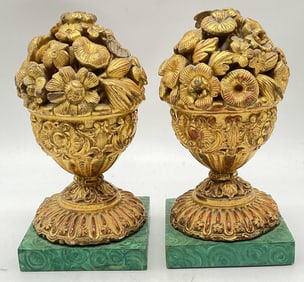 Pr Art Deco Gilt Wood Finials Faux Malachite Base