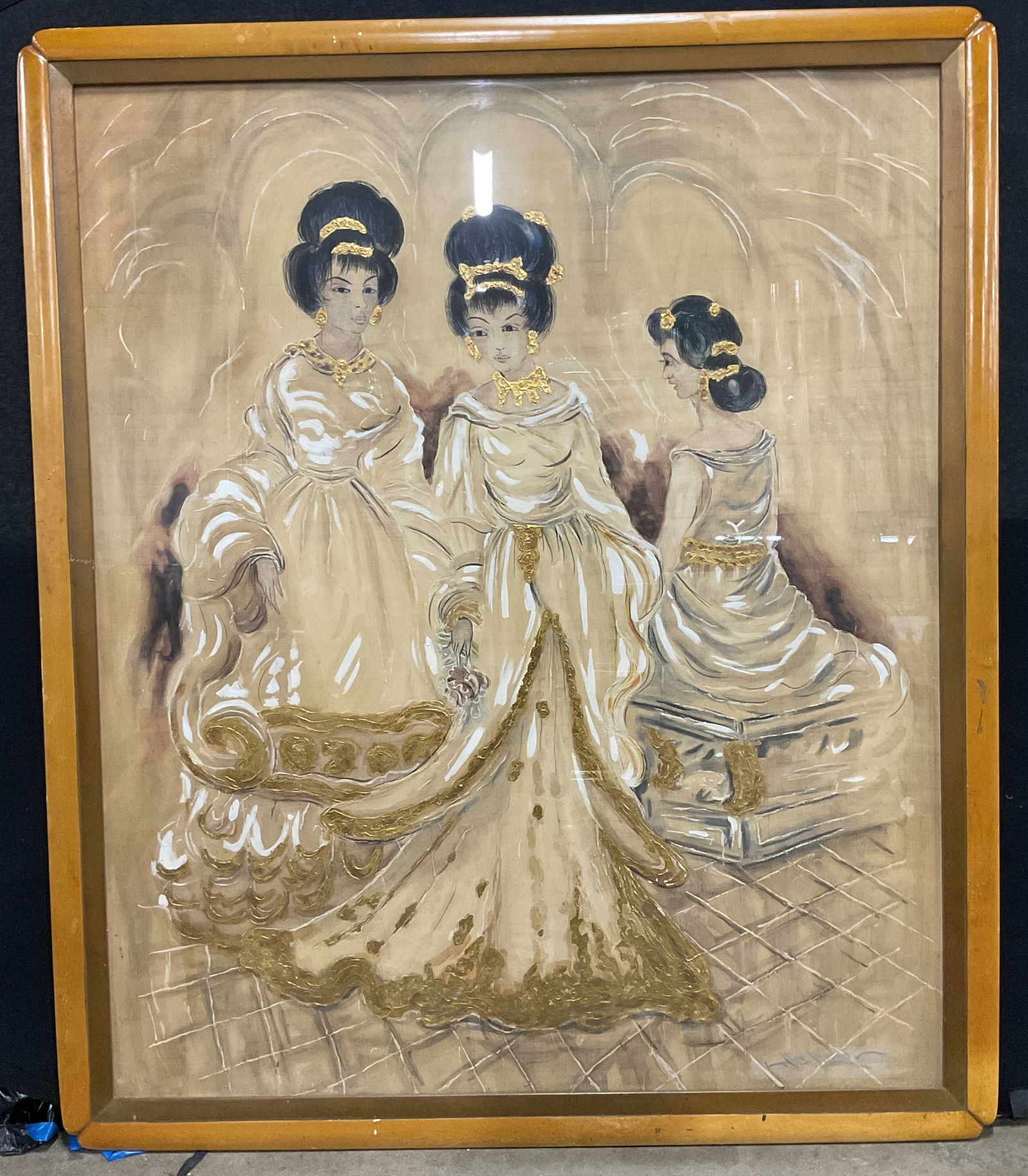 Signed XL Three Women Gilt Painting 52 In T (1 of 6)