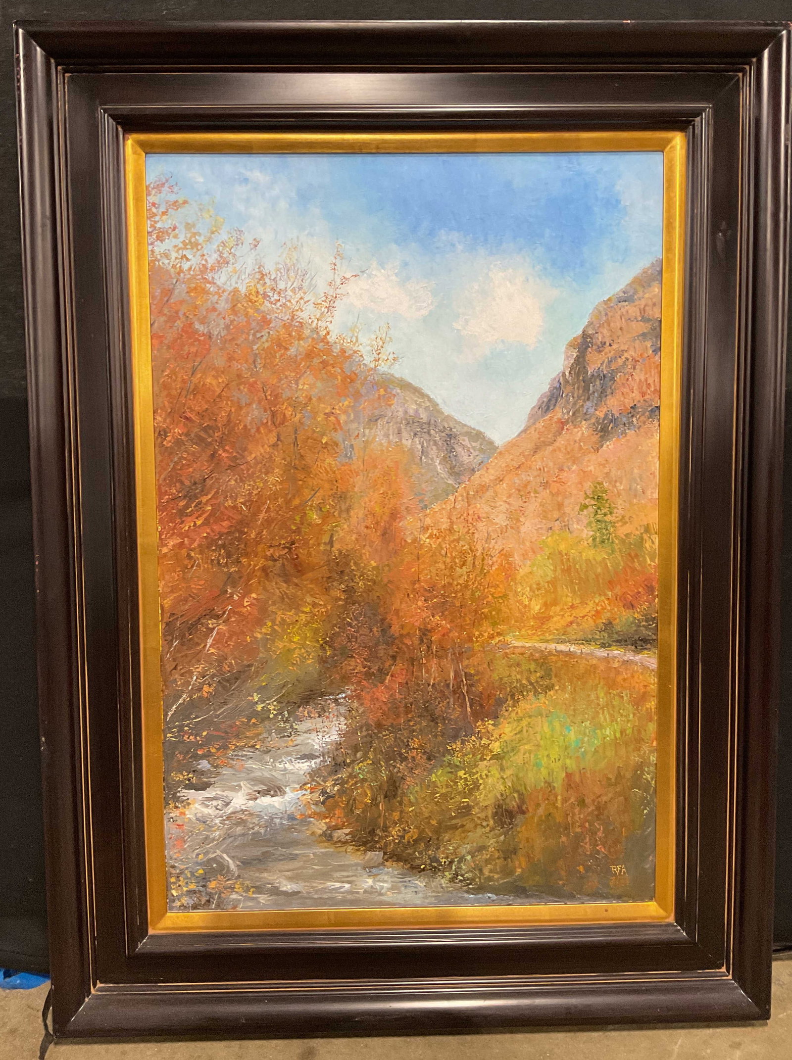 Signed Bob Aiken Landscape Oil Painting 46 In T: Framed oil on canvas painting. Signed lower right, RFA. Bob Aiken (American, 20th century) is a sixth-generation Vermonter who finds most of his creative energy in the simple beauty of his surrounding
