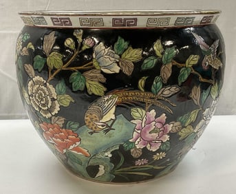 Signed Chinese Porcelain Floral Jardiniere 15x12In