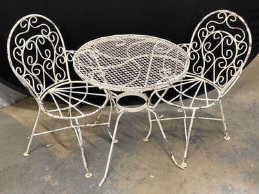 3 Vtg White Iron Childrens Bistro Table & Chairs