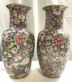 Signed Pr H Pntd Famile Rose Asian Porc Vases