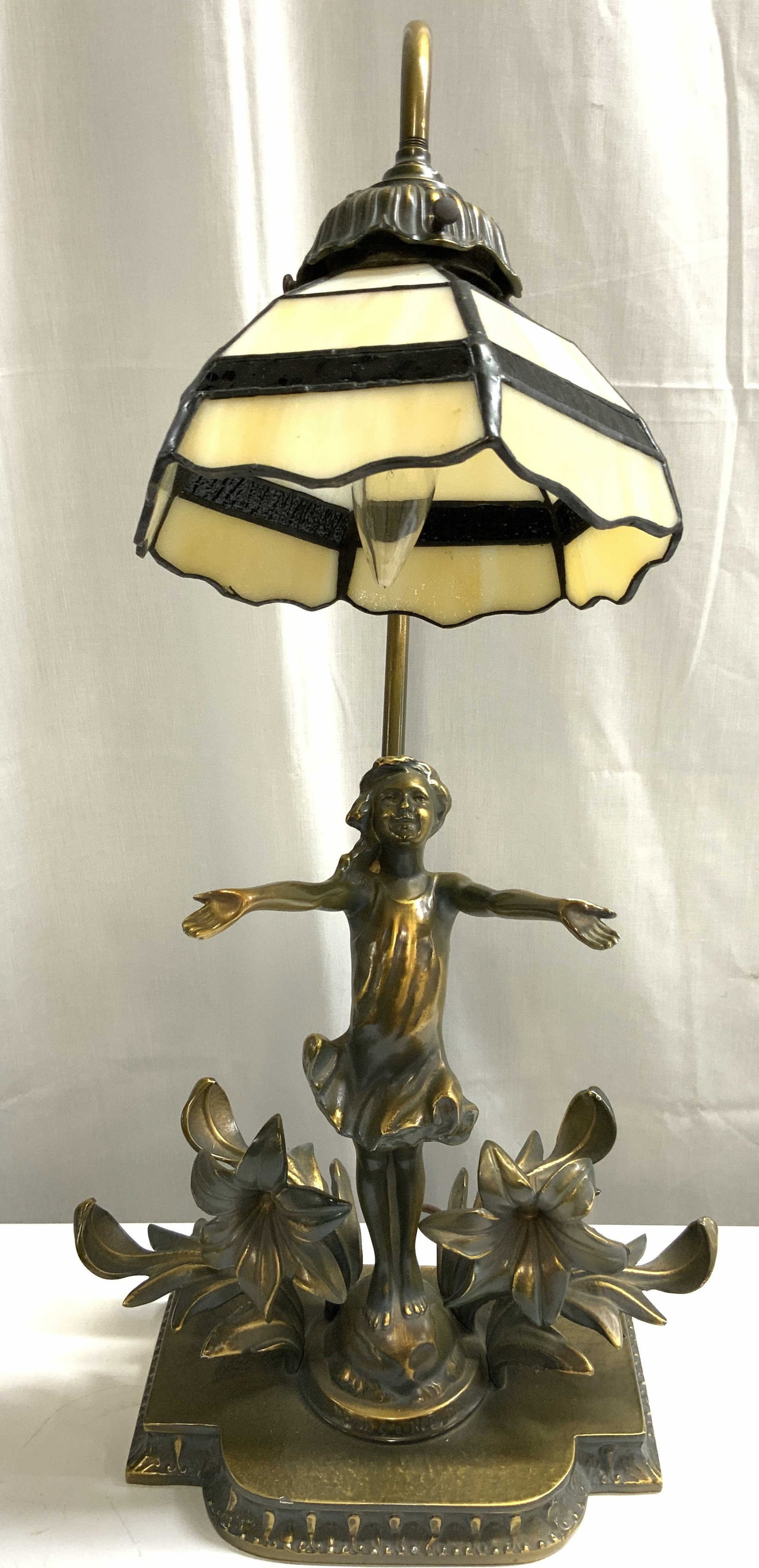 MOREAU DAWN OF A NEW DAY Sgnd Brs Tbl Lmp: Backside reads COLLECTION FRANCAISE MADE IN USA. Base of lamp is signed MOREAU & inscribed DAWN OF A NEW DAY. Lamp is gold toned and brass. Piece depicts a barefoot female figure wearing a dress with 