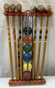 Vntg Wooden Croquet Set, Mallets, Wickets & Balls