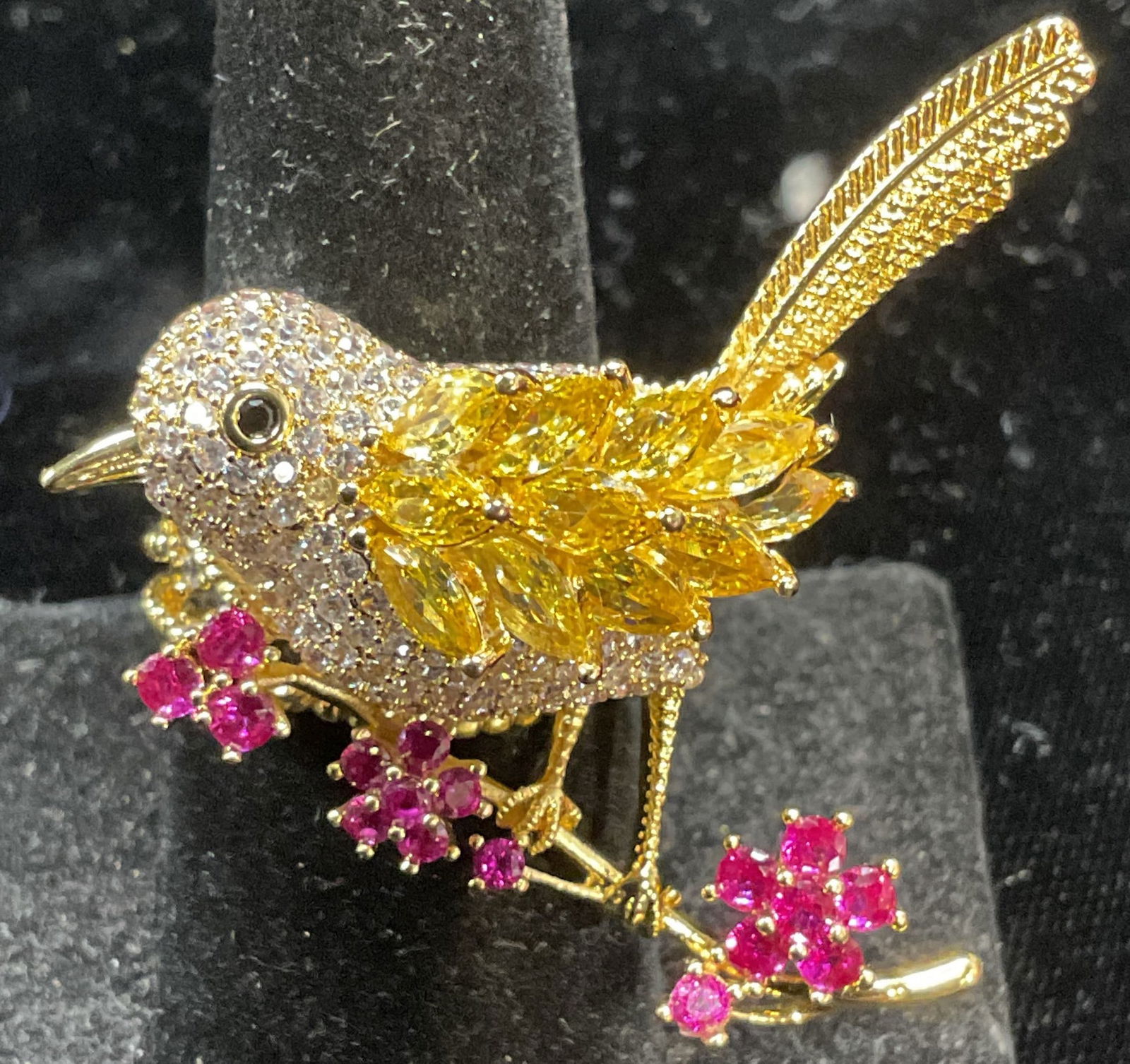 Gold Tone Pink Yellow Crystal Bird Ring (1 of 6)