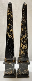 Pair Heavy Black Marble Obelisks 27 In Tall