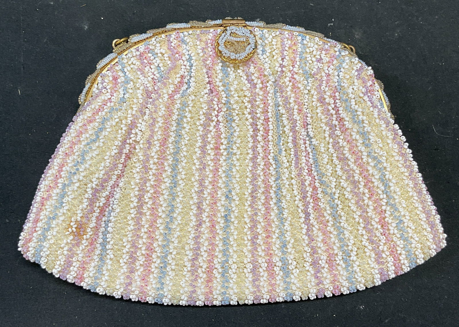 Vtg Josef Hand Beaded Pastel Handbag, France: Vintage Bags by Josef hand beaded pastel pink, blue, yellow handbag. Striped pattern. Two interior pockets. Silk lining. Gold tone frame with beaded decoration. Signed on label. Made in France. Measur