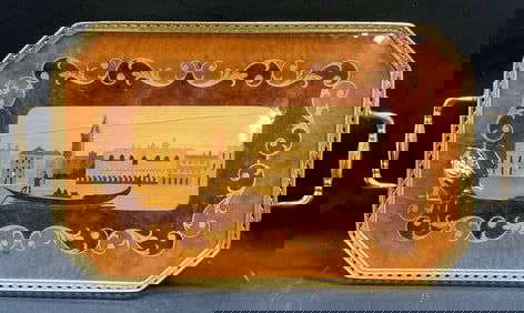 Venice Scene Marquetry Inlaid Wood Tray, Italy