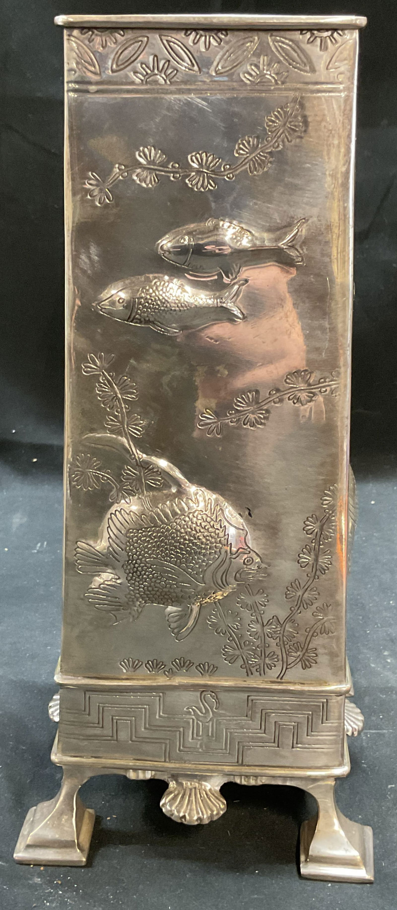 Asian Silver Tone Footed Repousse Fish Vase (1 of 6)