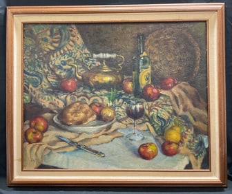 Signed Joe May Still Life Wine Fruit Oil Painting
