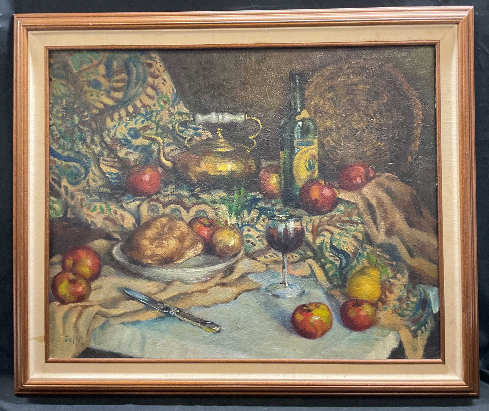 Signed Joe May Still Life Wine Fruit Oil Painting: Framed oil on board painting. Signed lower left, Joe May. Still life scene with view of table, fruit, wine, teapot, and knife. Gilt wood frame. Not examined out of frame, frame measures approx 29.5 x