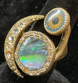 Gold Tone Crystal Moon Sun Abalone Ring