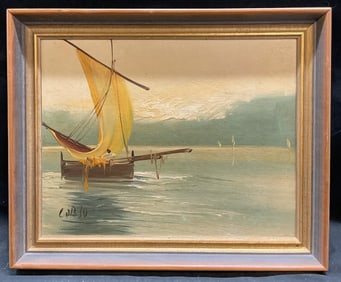 Framed Signed Fishing Boat Oil Painting