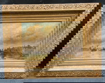 Antq Signed H Maes Harbor Scene Oil Painting