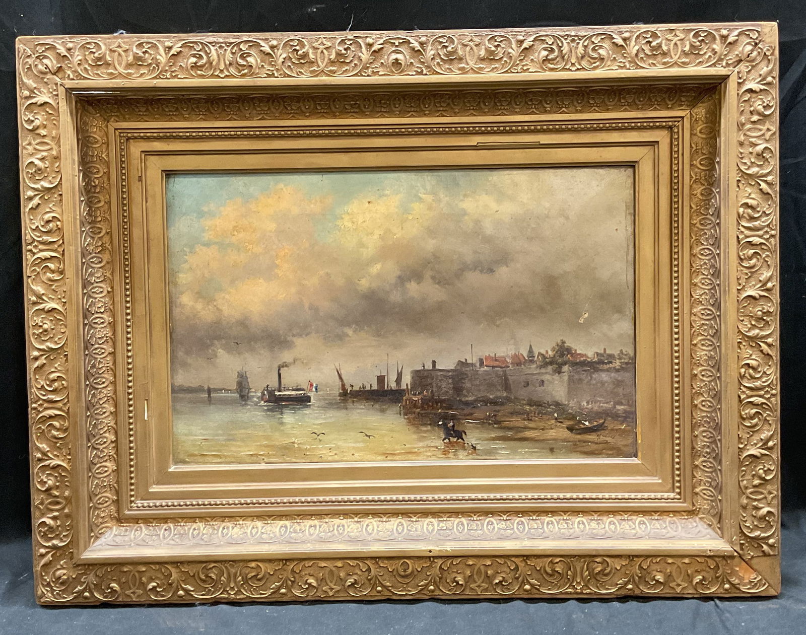 Antq Signed H Maes Harbor Scene Oil Painting (1 of 7)
