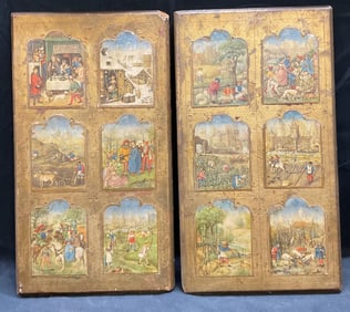 Pair Grimani Breviary Repro Gilt Litho Panels