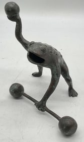 Bronze Patina Weightlifting Frog Figural