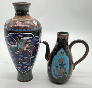 Lot 2 Vtg Asian Cloisonne Floral Vase & Pitcher