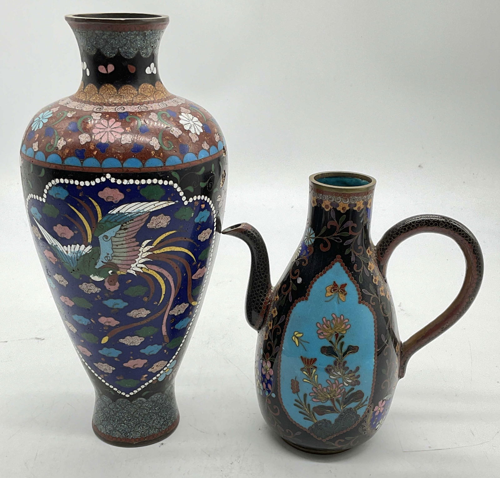 Lot 2 Vtg Asian Cloisonne Floral Vase & Pitcher (1 of 9)
