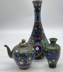 Lot 3 Vtg Asian Cloisonne Floral Vases & Teapot