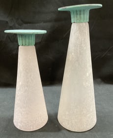 Pair Toyo Scavo Glass Verdigris Candle Holders