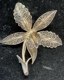 Antique Silver Filigree Orchid Flower Brooch