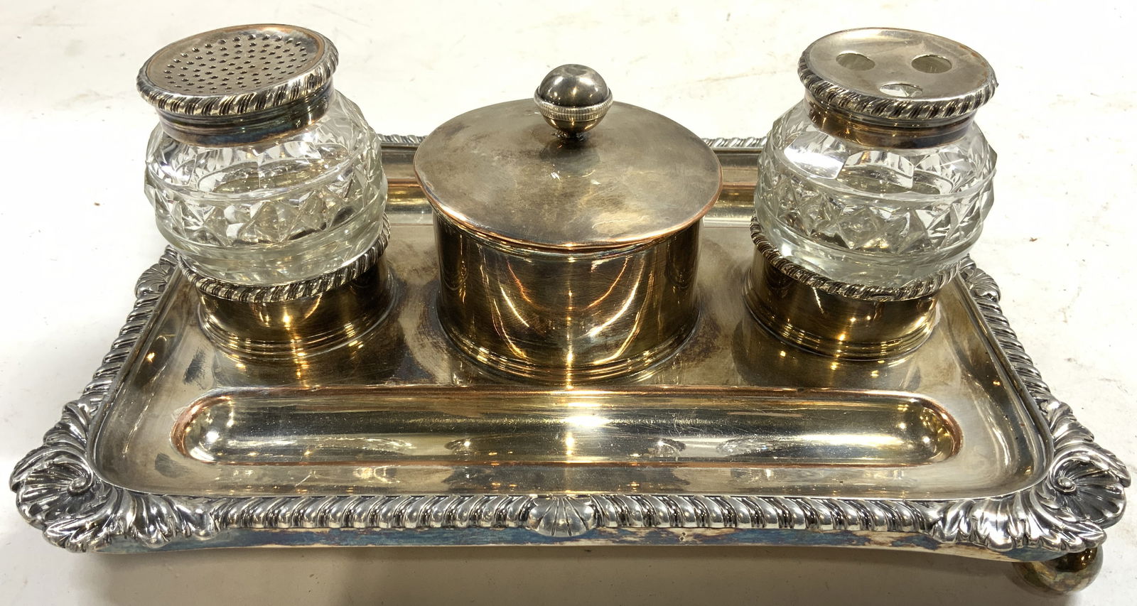 Vintage Silver On Copper Inkwell W Crystal Basins (1 of 8)