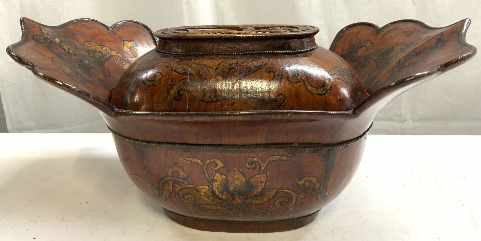 Sgnd Antq Chinese Lacquered Wedding Basket: Underside is signed with chop signature. Wedding basket is antique. Piece includes lid with intricately carved detail of female figure. Sides of basket have flared out areas. Piece has floral, leaf &