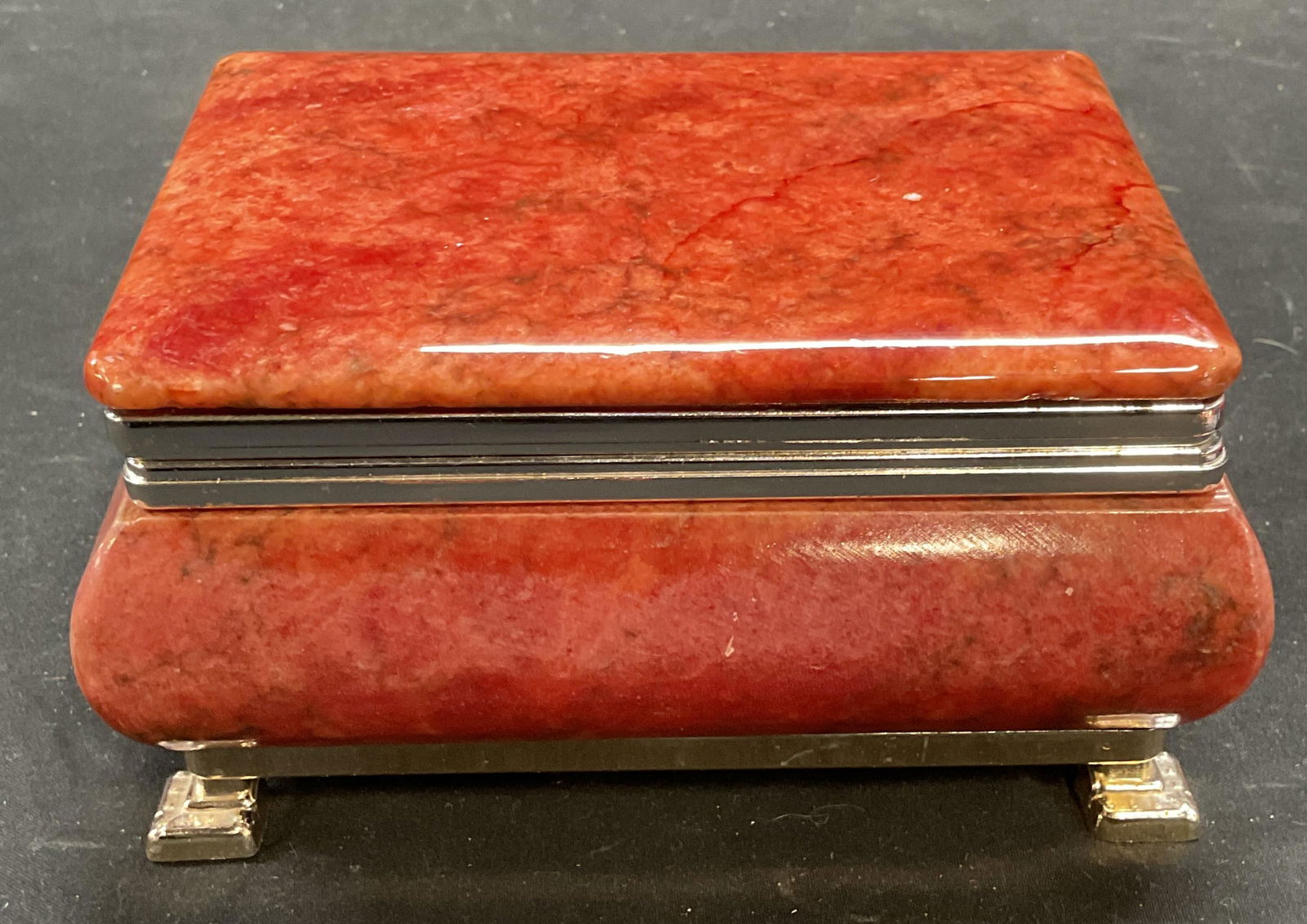 Signed Red Alabaster Jewelry Box, Italy (1 of 7)