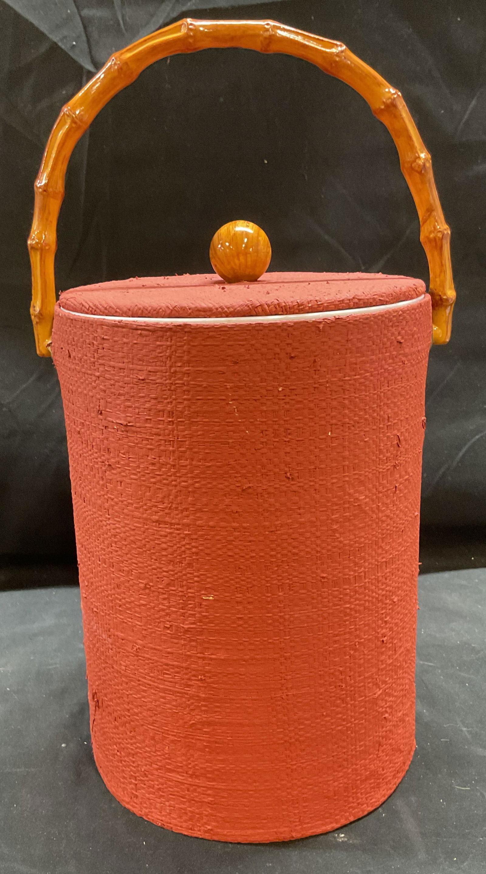 Vintage Red Grasscloth Bamboo Handle Ice Bucket (1 of 6)