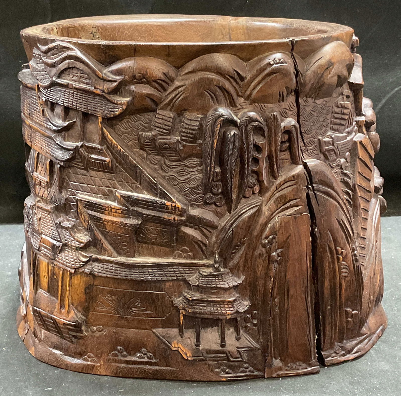 Chinese Carved Wood Landscape Vessel Pot (1 of 6)