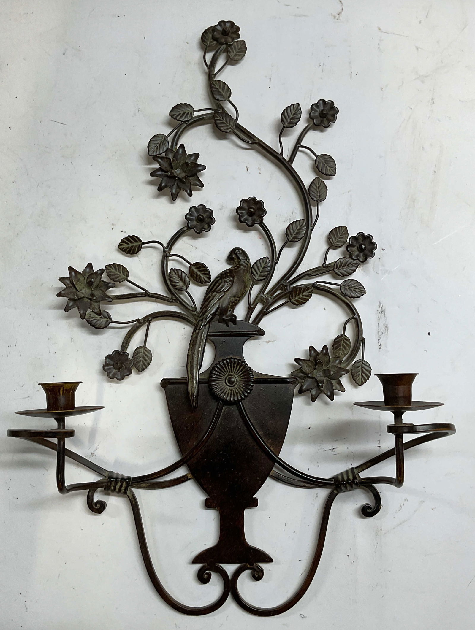 Vtg Patina Metal Bird Floral Candle Wall Sconce: Vintage patina metal two arm candle holder wall sconce. Bird and floral urn design. Measures approx 14 x 22.75 x 4 inches. Some wear consistent with exposure. Wall sconce, candle holder, wall sconce c