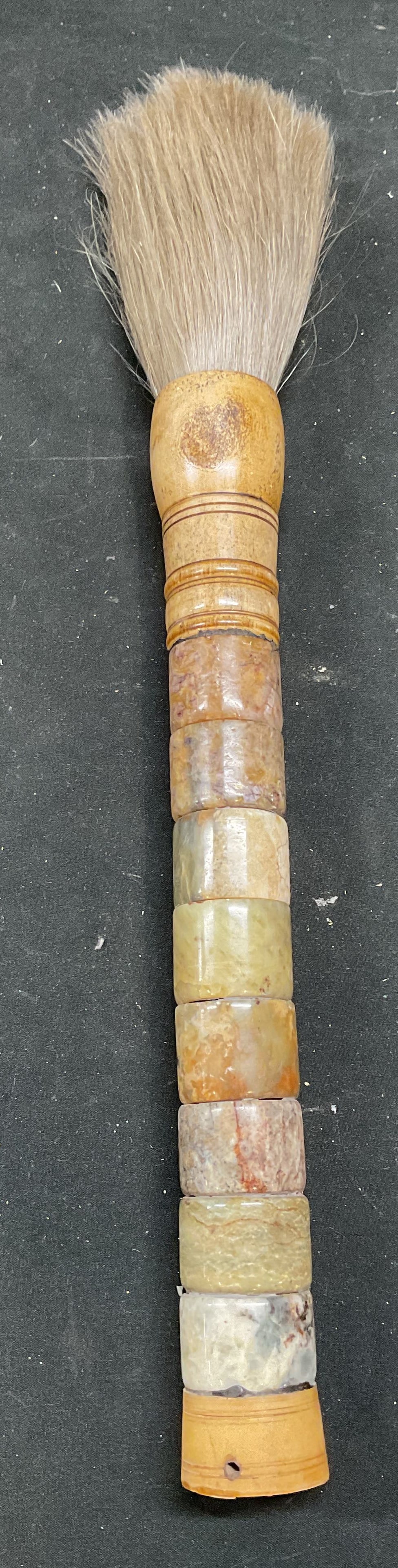 Chinese Semiprecious Horse Hair Calligraphy Brush: Vintage Chinese calligraphy brush. Horse hair bristles with carved semiprecious and bone handle. Handle measures approx 12 inches long. Some wear including scratching and loss to bone on handle. Calli