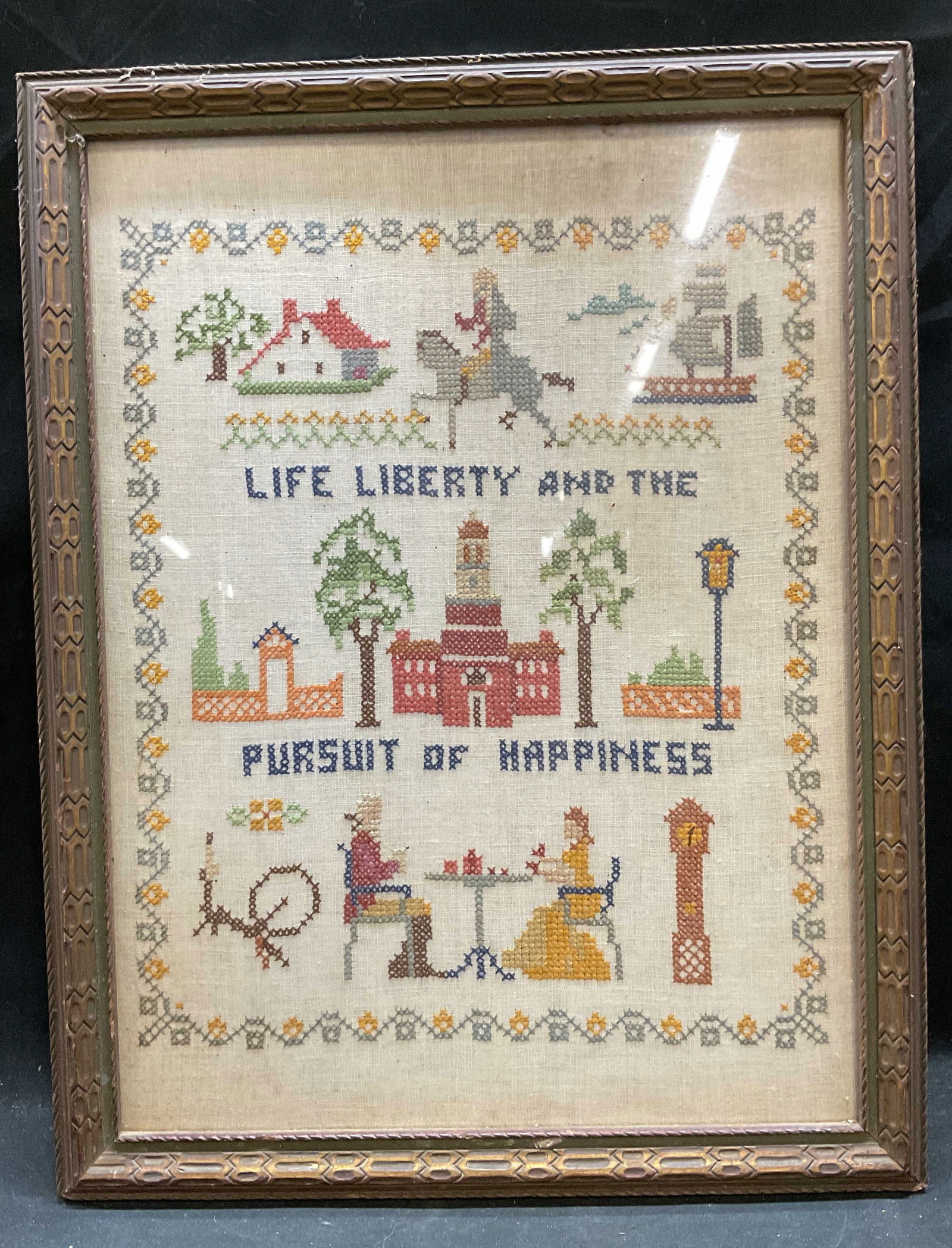Framed Life Liberty Happiness Cross Stitch Sampler (1 of 6)