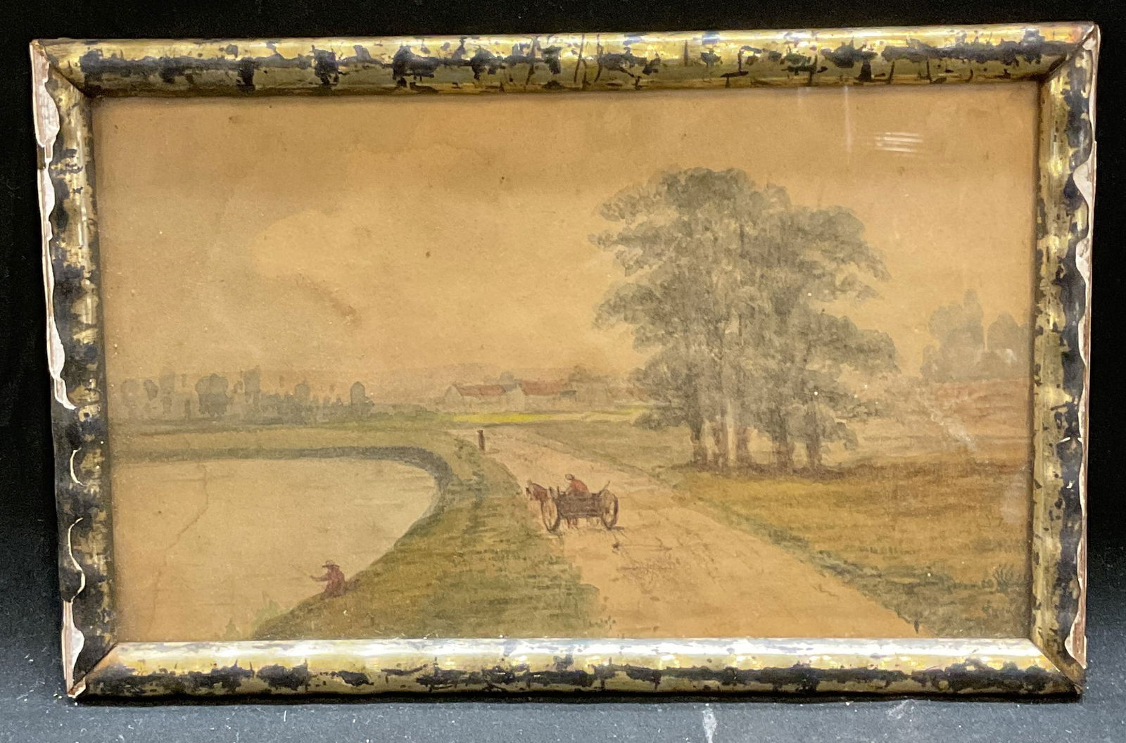 Framed Landscape Figures Cart Watercolor Painting: Framed watercolor painting on paper. Landscape with view of figures and cart on path. Gilt wood molded gesso frame. Not examined out of frame. Frame measures approx 6.5 x 10 inches. Some losses to fra